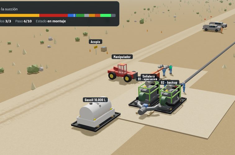 Estación de bombeo con dos motobombas, cisterna de gasoil y manipulador